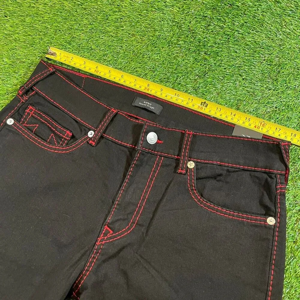 True Religion Ricky Relaxed straight leg Y2K mega stitch black red jeans 34x30